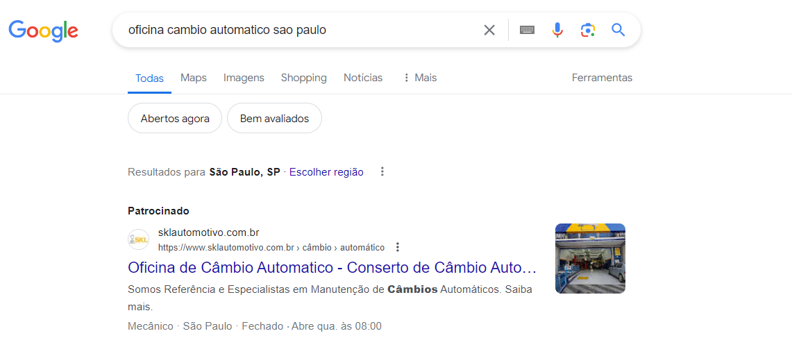 exemplo de anúncio no Google Ads para oficina de câmbio automático