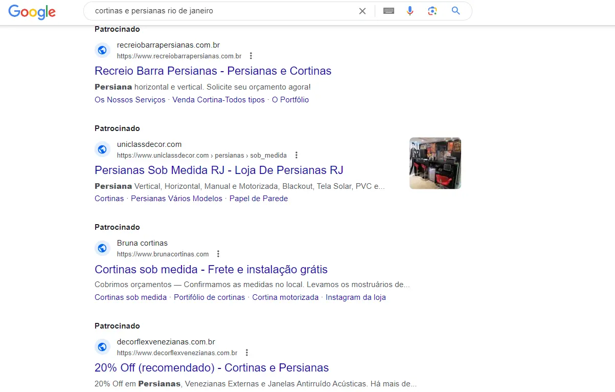 exemplo de anúncios no Google Ads para Cortinas e Persianas