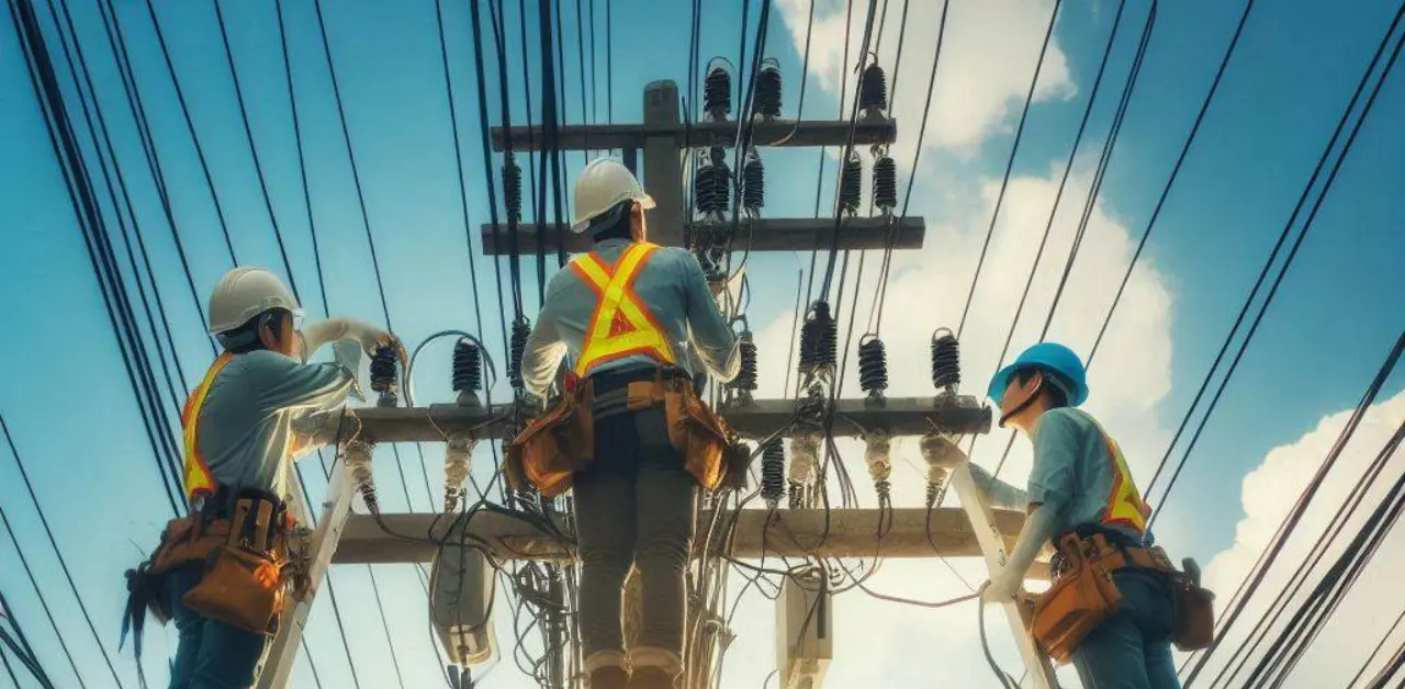 3 eletricistas fazendo manutenção em um poste