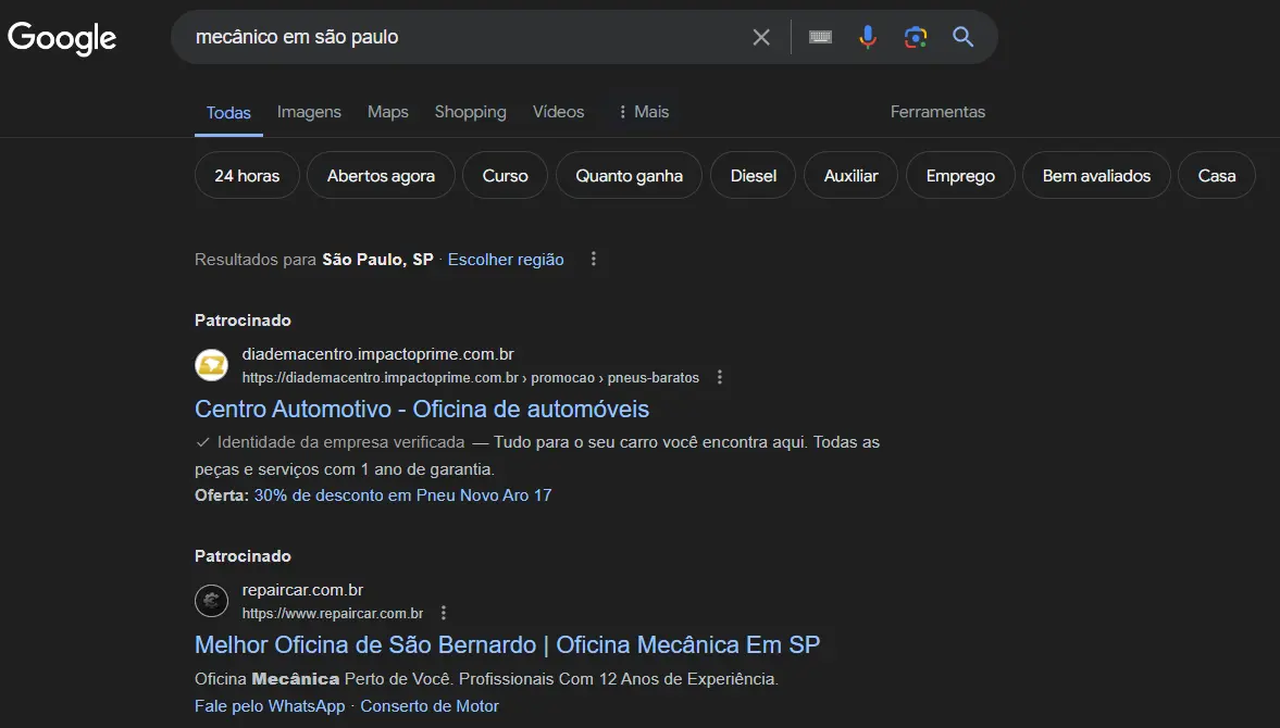 exemplo de anúncio no Google para oficina mecânica