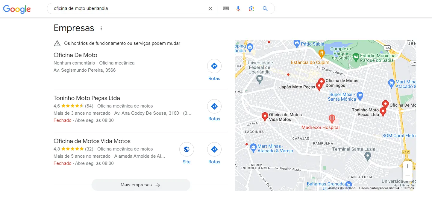 exemplo de google meu negócio para oficina de motos