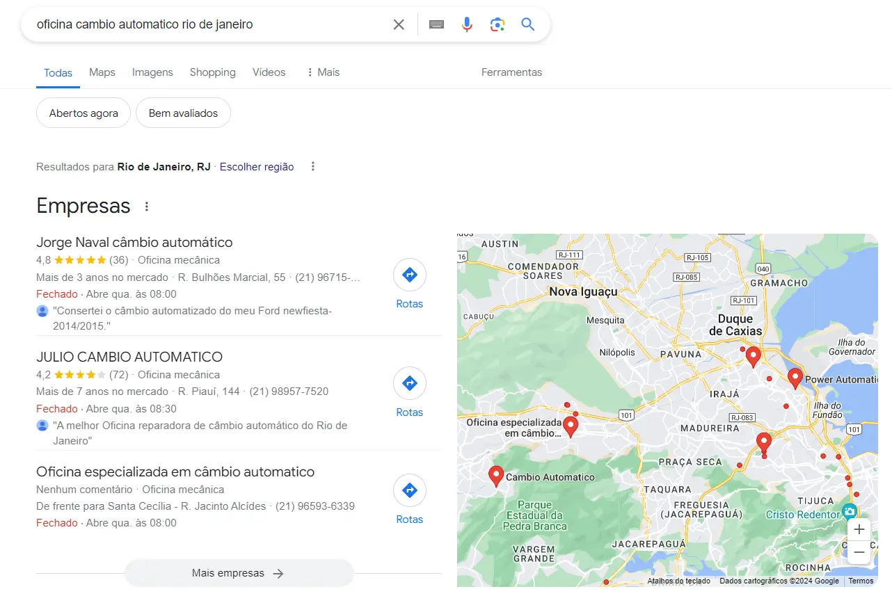 exemplo de Google Meu Negócio para oficinas especializadas em Cambio Automático