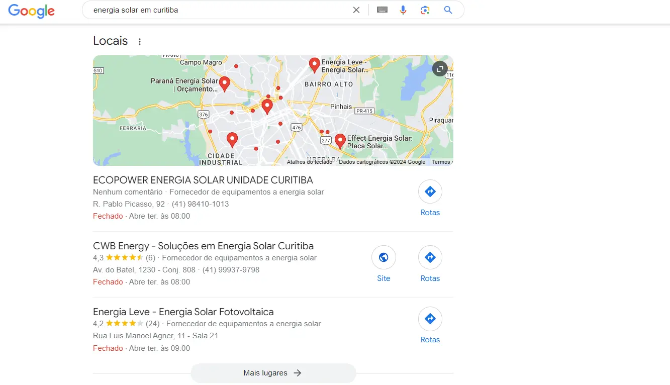 exemplo de google meu negócio para energia solar