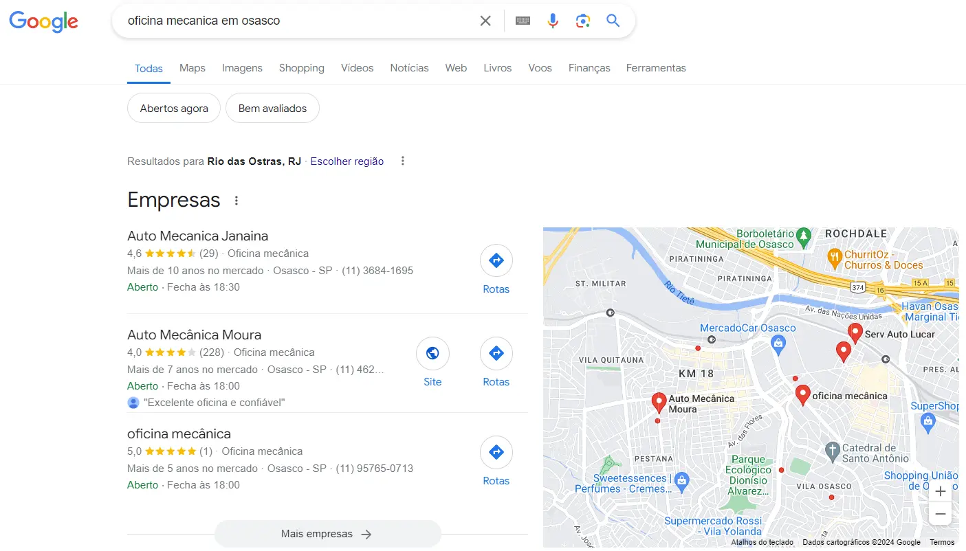 exemplo de google meu negócio para oficina mecânica