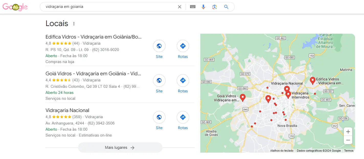 exemplo de Google Meu Negócio para Vidraçaria