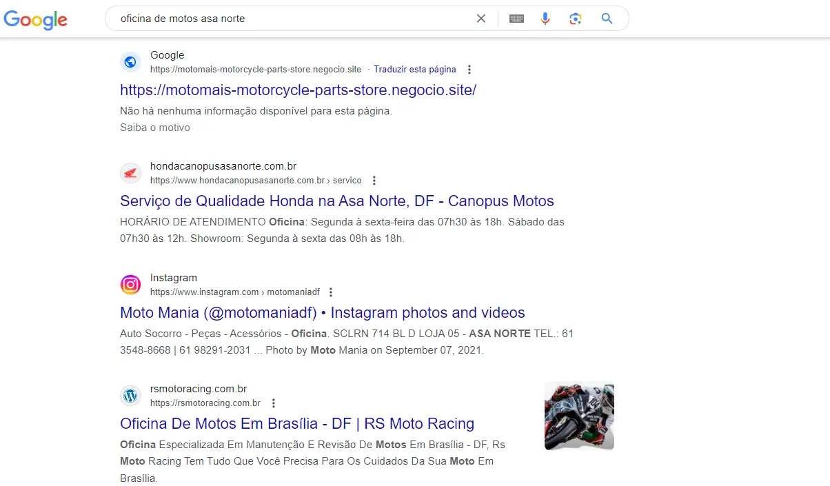 resultados no Google para oficina de motos