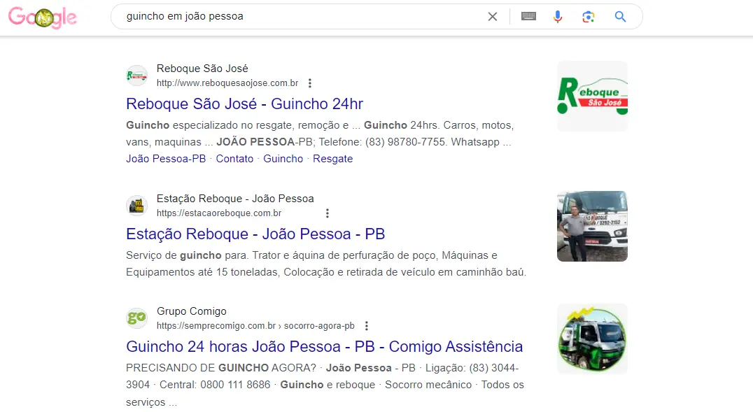 exemplo de Google para conseguir clientes para Guincho e Reboque