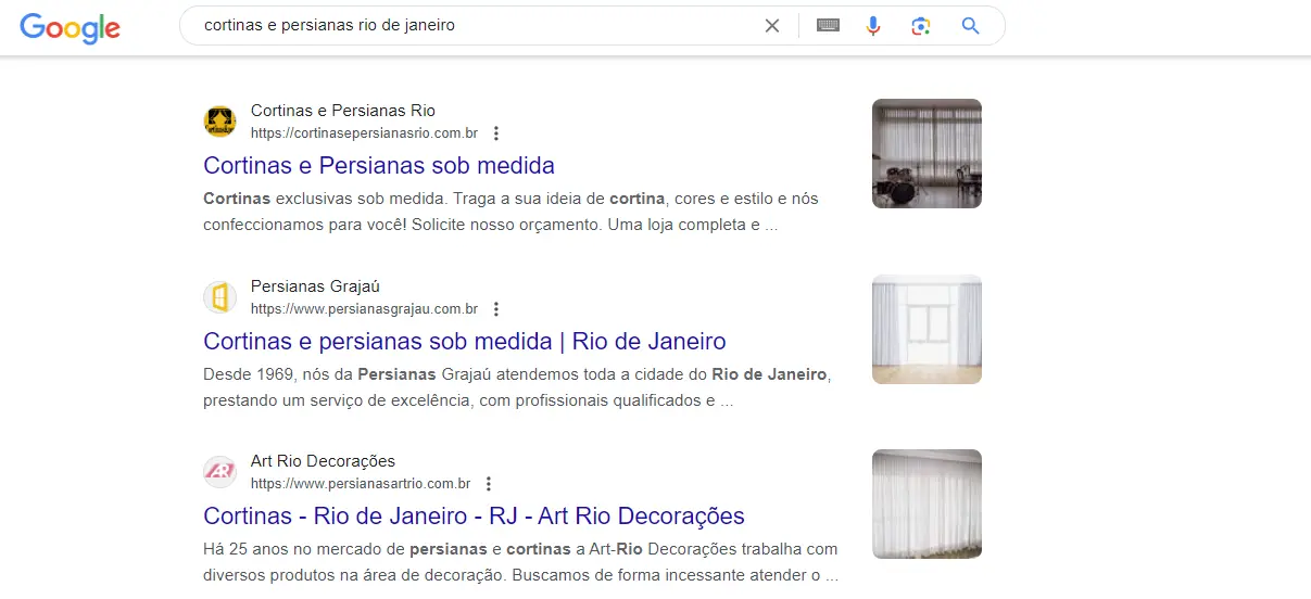 exemplo de posicionamento no Google para site de Cortinas e Persianas