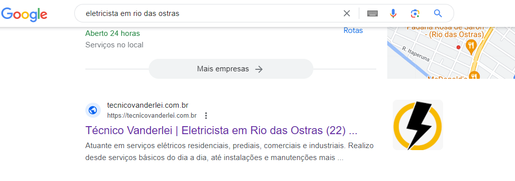 Site de eletricista posicionado no Google