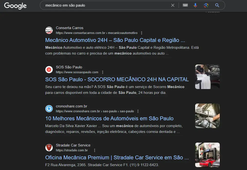 exemplos de resultados no Google para oficina mecânica