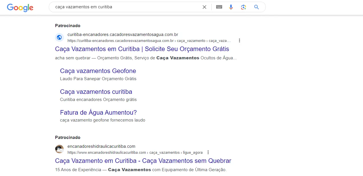 exemplo de anúncios no google para empresa de caça vazamentos