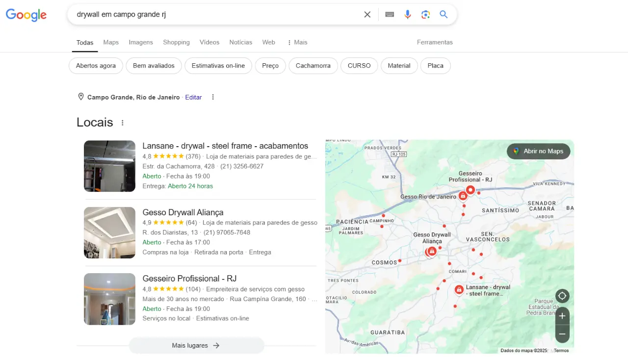 Exemplo de posicionamento no Google Meu Negócio para pesquisa sobre Drywall