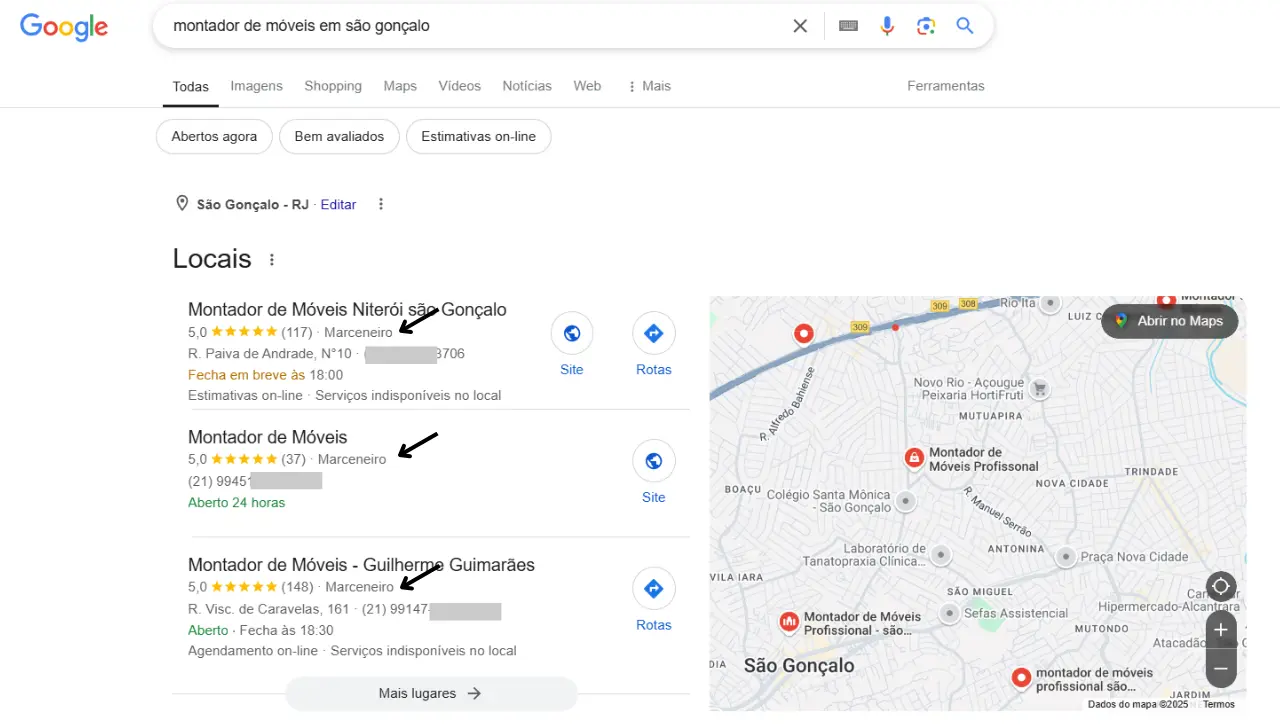 exemplo de resultado do google meu negócio para montador de móveis