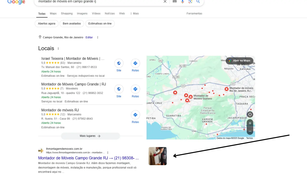 exemplo de uma site nos resultados do google de um montador de móveis